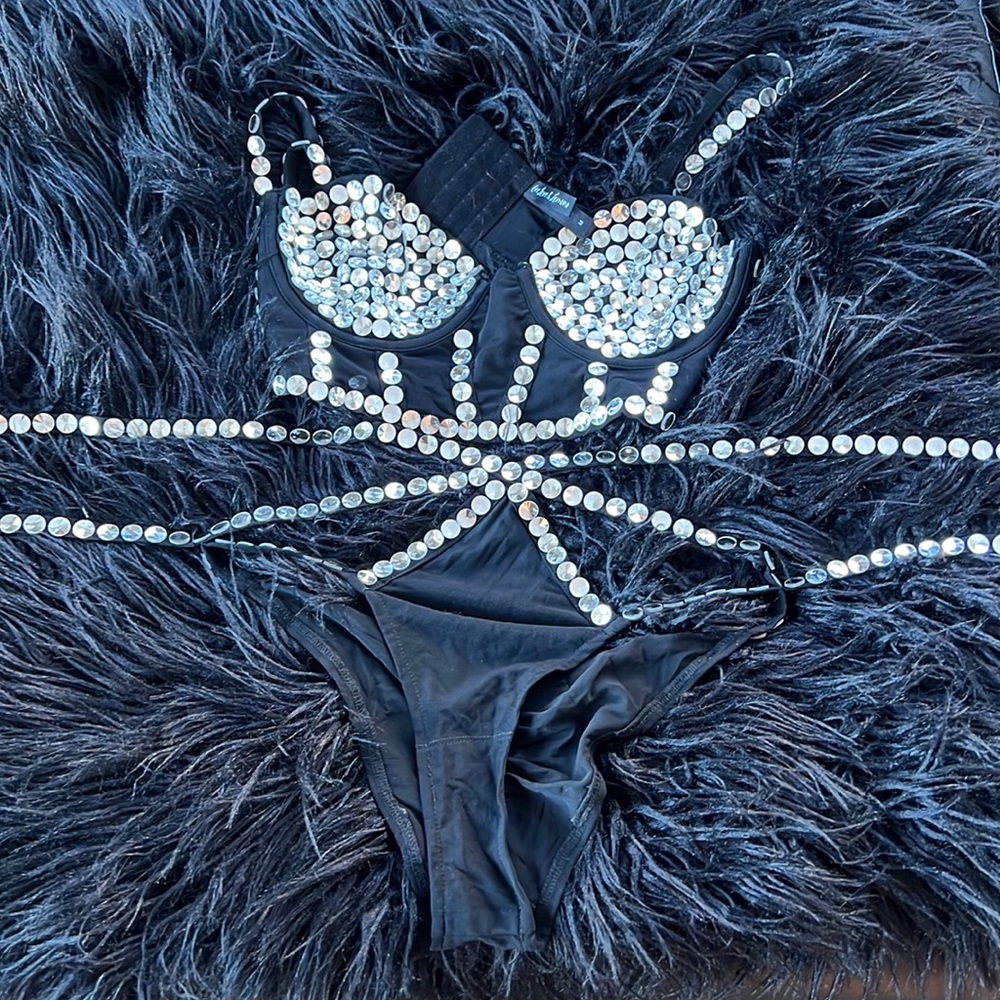 For Love & Lemons Black Mesh + Mirrored Medium Bra and Small Panty
